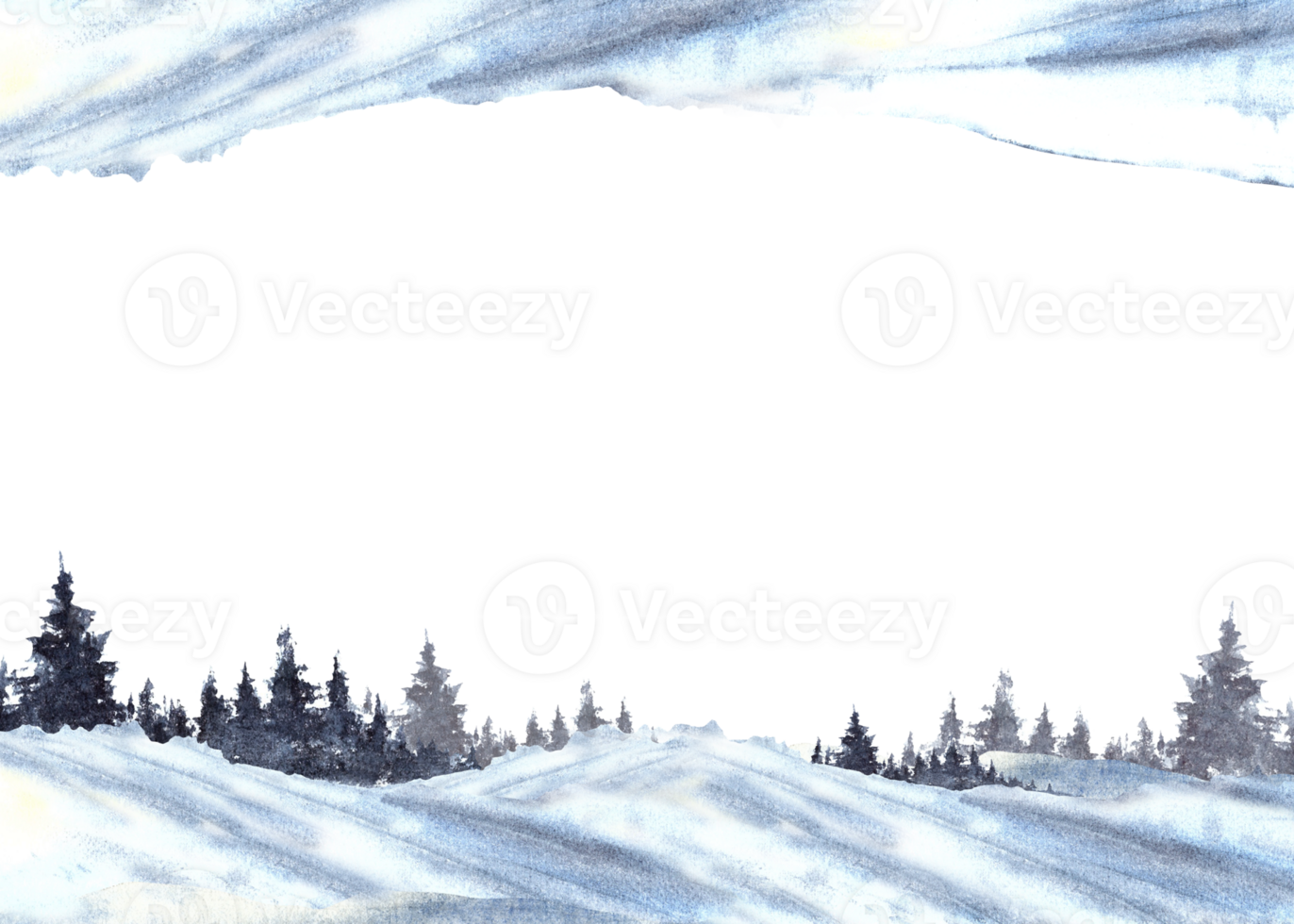 Watercolor Winter Landscape panorama banner. Snowy Hills, Pine, fir trees and frosty evergreen forest silhouette. Hand drawn watercolor illustration isolated from background clipart template for card. png
