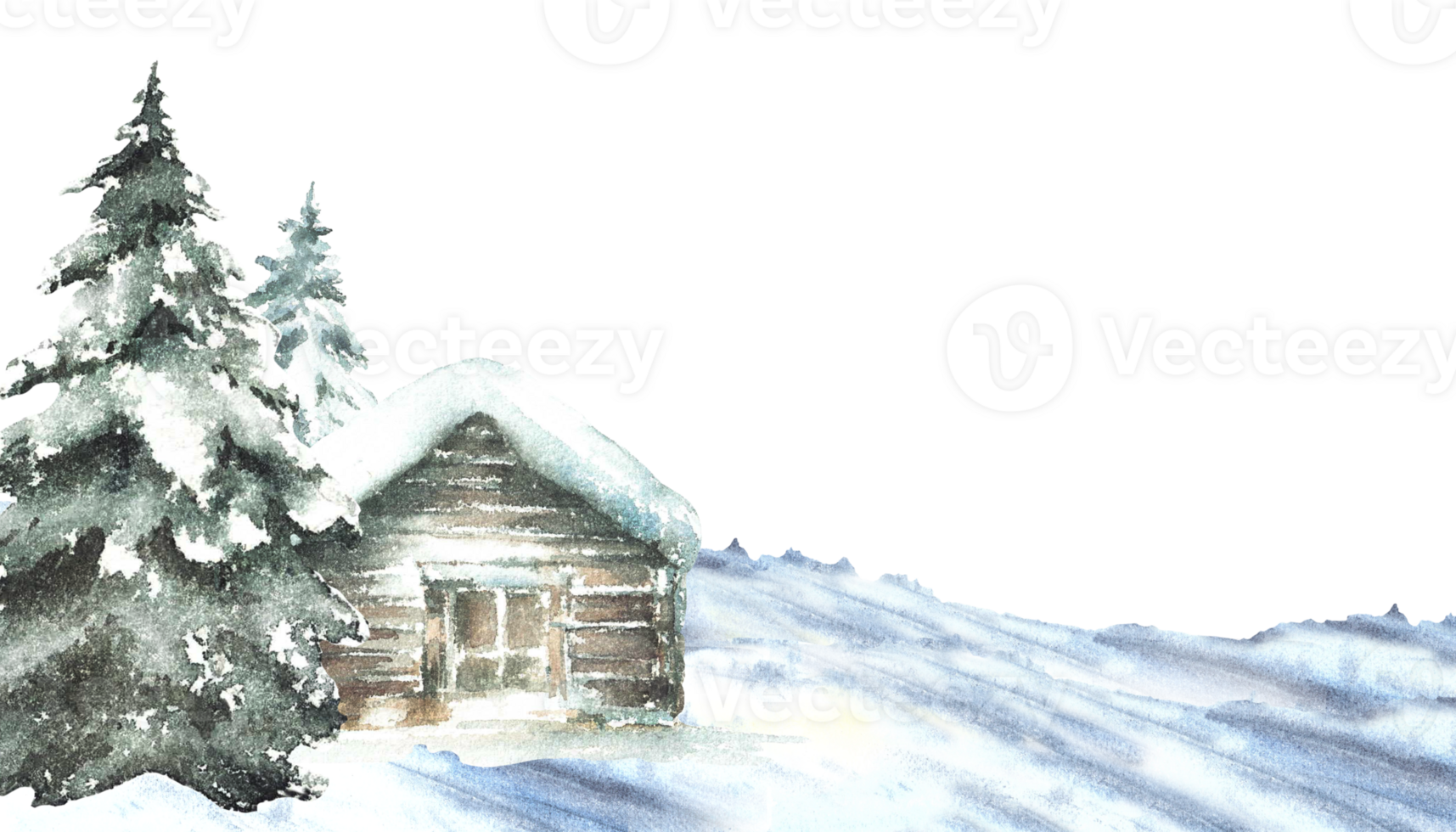 Winter snow covered house with snowy pine tree. Landscape banner with wooden cabin, chalet surrounded by snowdrifts. Watercolor painted illustration isolated from background for holiday card template png