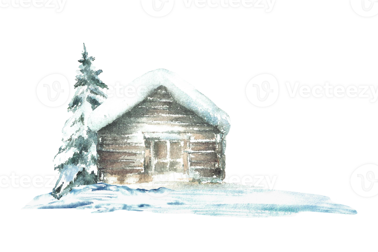 Winter snow covered house with snowy pine tree. Landscape with rustic wooden cabin, winter chalet surrounded by snowdrifts. Watercolor hand drawn illustration isolated from background for holiday card png