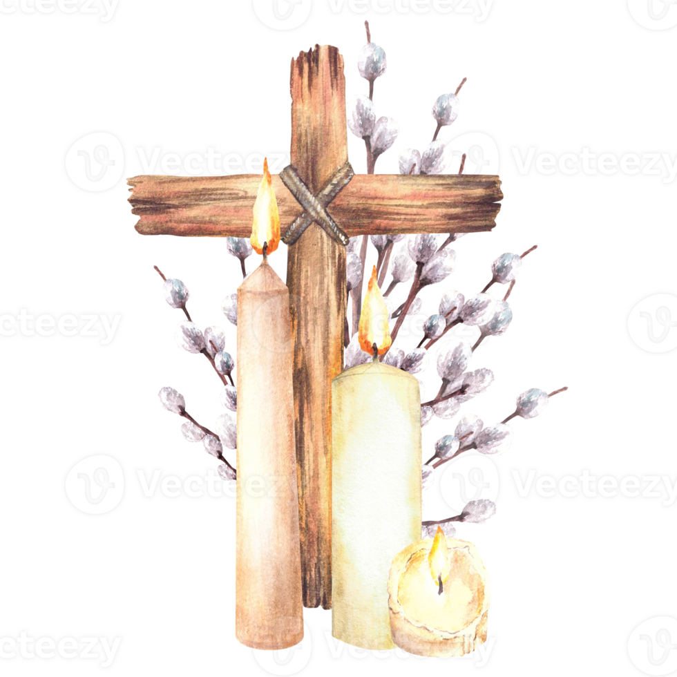 Burning candle with Cross tied with a rope against of willow branches. Religious Easter composition. Watercolor hand drawn illustration on isolated background for First communion, baptism card png