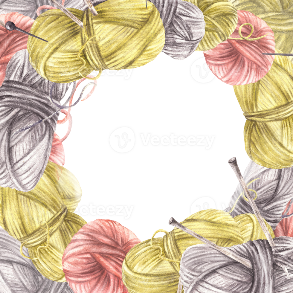 Balls of yarn threads with hobby knitting needles frame Watercolor hand drawn illustration. Skeins of string in different color Hobby knitting handicrafts card template isolated from background png