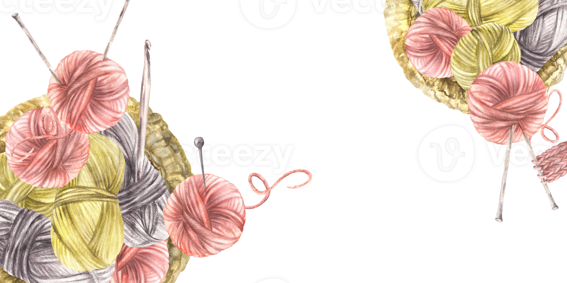 Balls of yarn with handmade basket and knitting needles banner. Pastel Coloured Skein of hobby knitting thread label, card frame template Watercolor hand drawn illustration isolated from background png