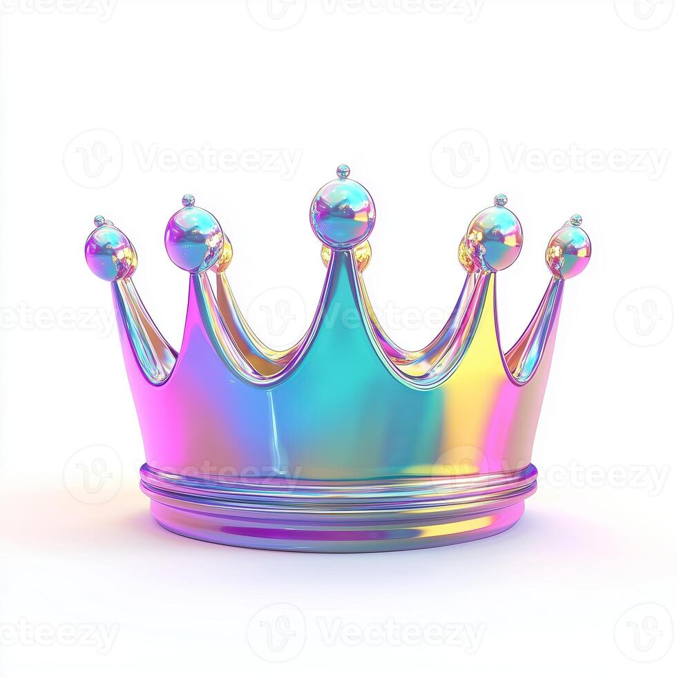 3D rendering of an iridescent crown icon, isolated on a white background. photo