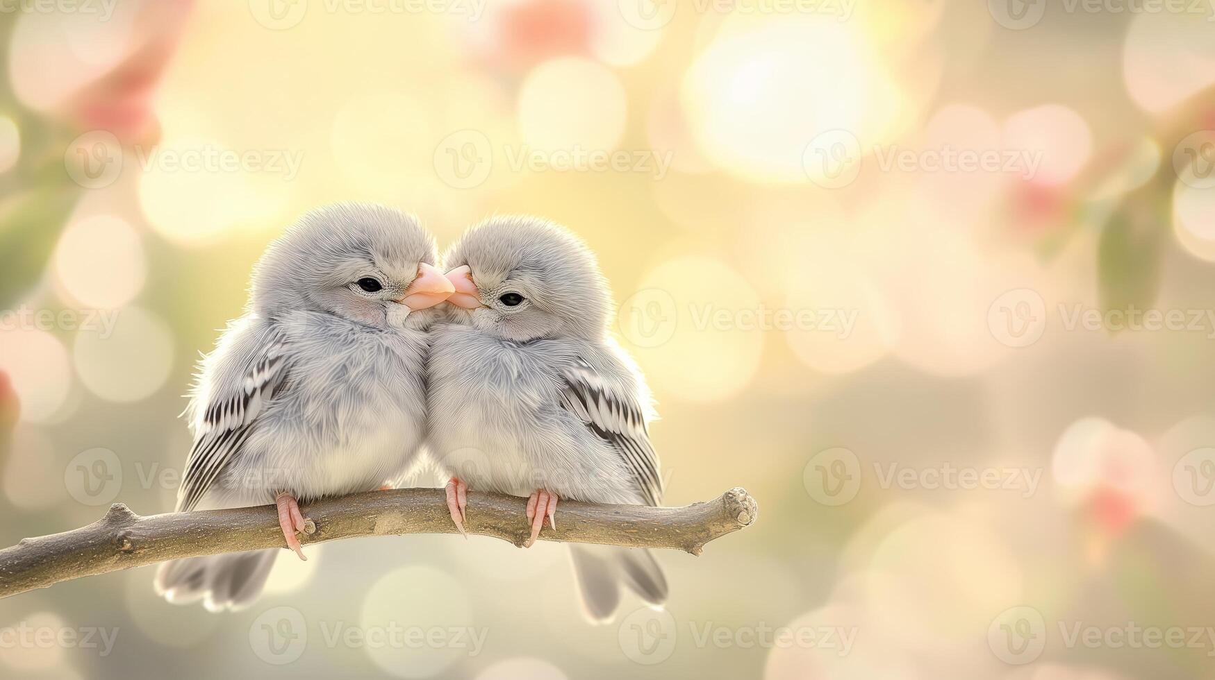 Two cute, gray little birds snuggling on a branch, with soft lighting and a blurred background. photo
