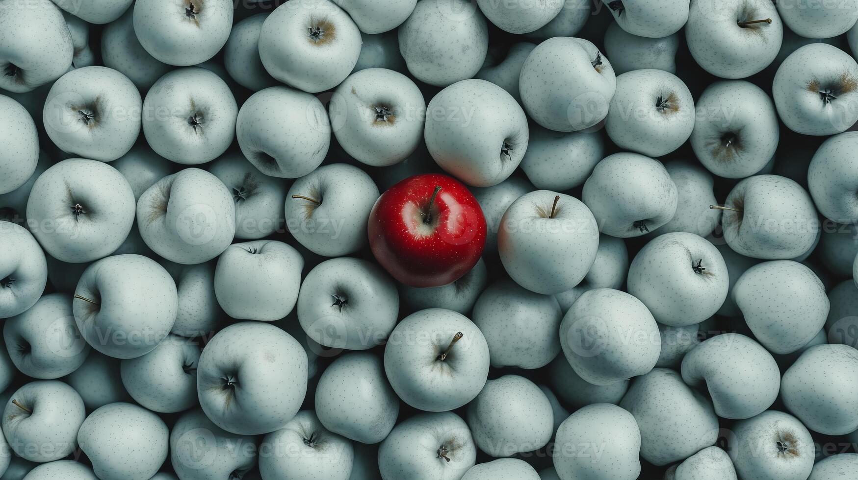 a red apple is surrounded by a bunch of white apples photo