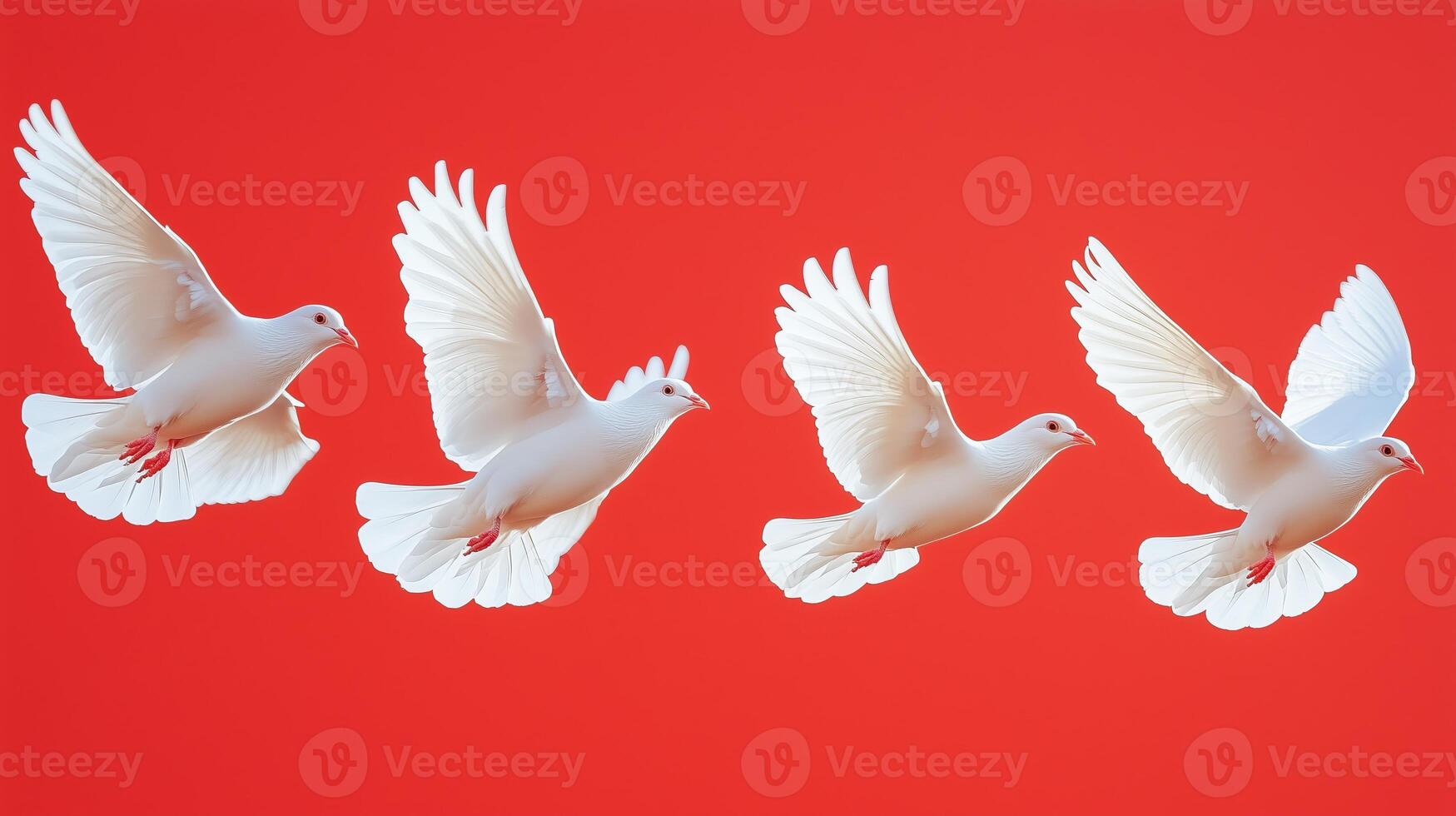 four white doves flying in the air on a red background photo