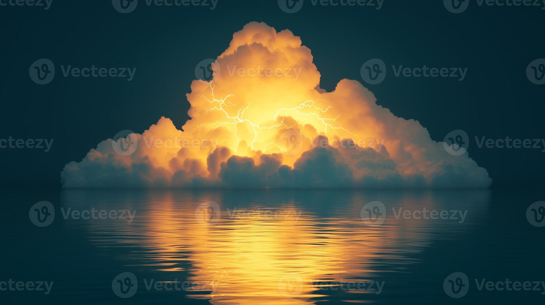 A cloud with lightning reflecting on water, on the dark blue background. photo