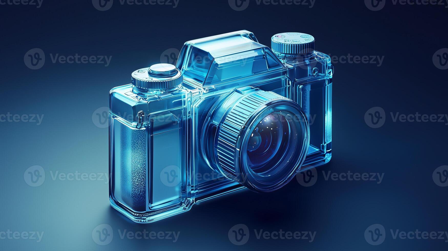 A blue camera icon with a glass texture, isometric view, light background. photo