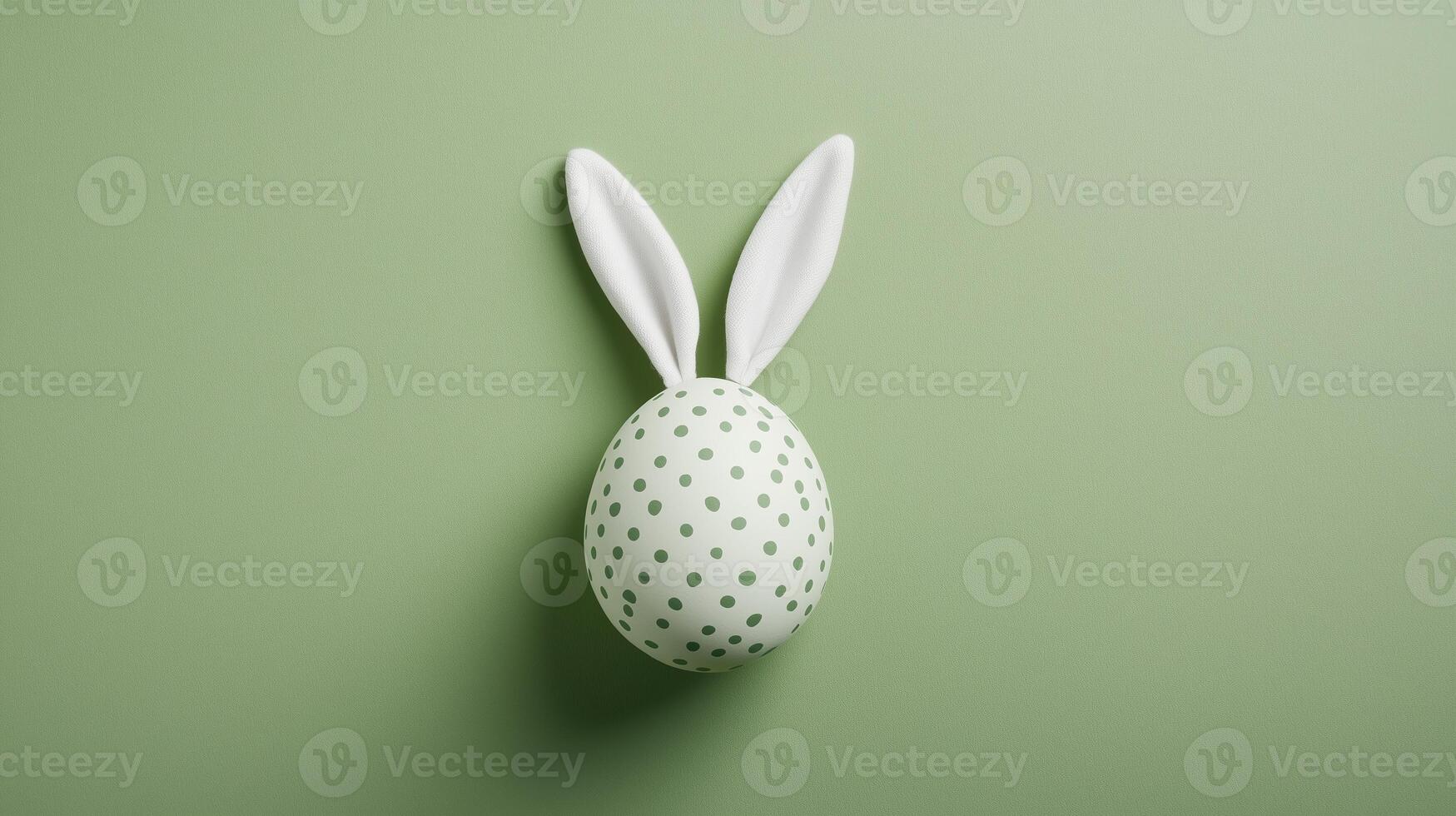 Green polka-dot egg with bunny ears on a green background. photo