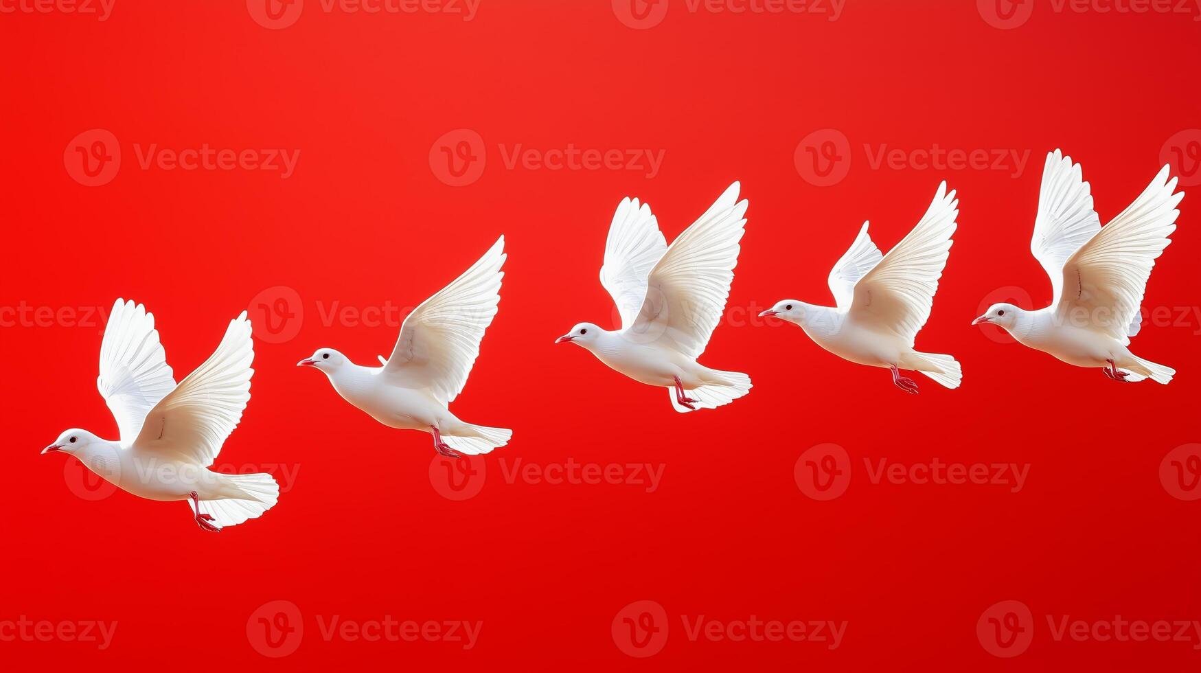 five white doves flying in formation on a red background photo
