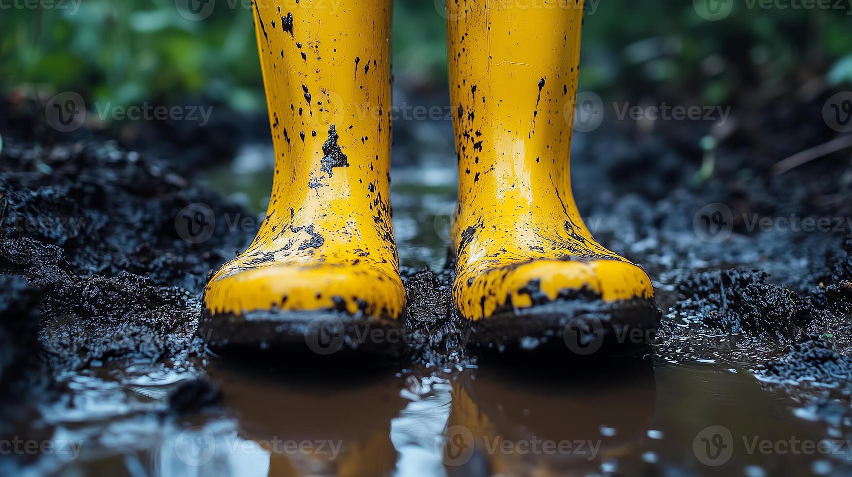 a person wearing yellow rubber boots standing in a puddle photo