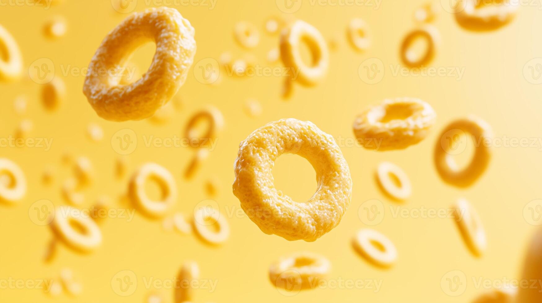 a group of cereal rings floating in the air photo