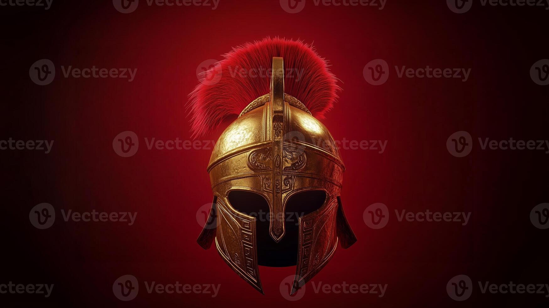 a golden spartan helmet on a red background photo