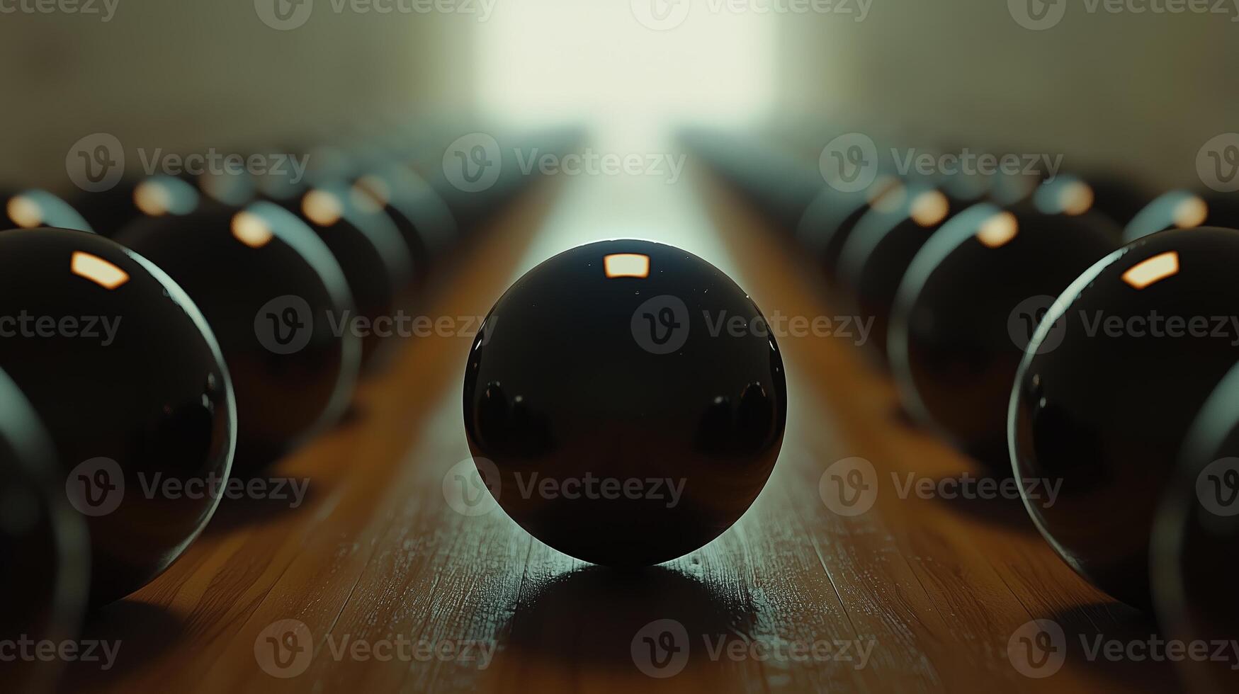 a black ball is standing in front of a row of black spheres photo