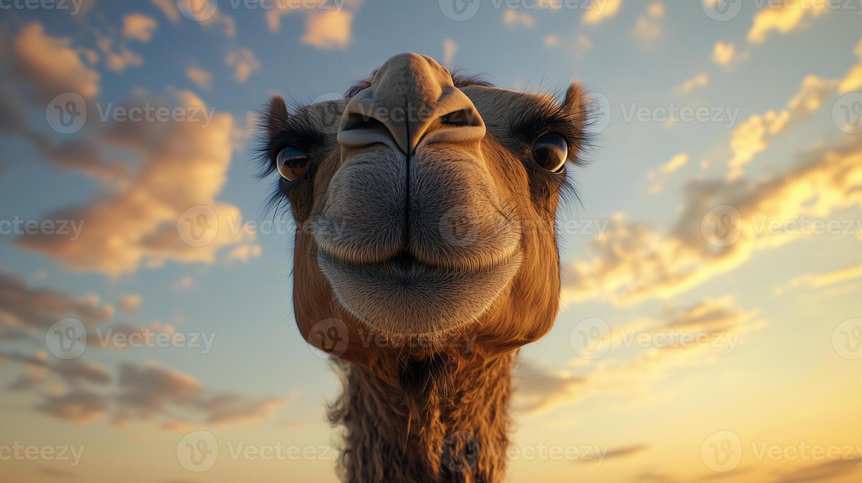a camel is looking at the camera with a cloudy sky background photo