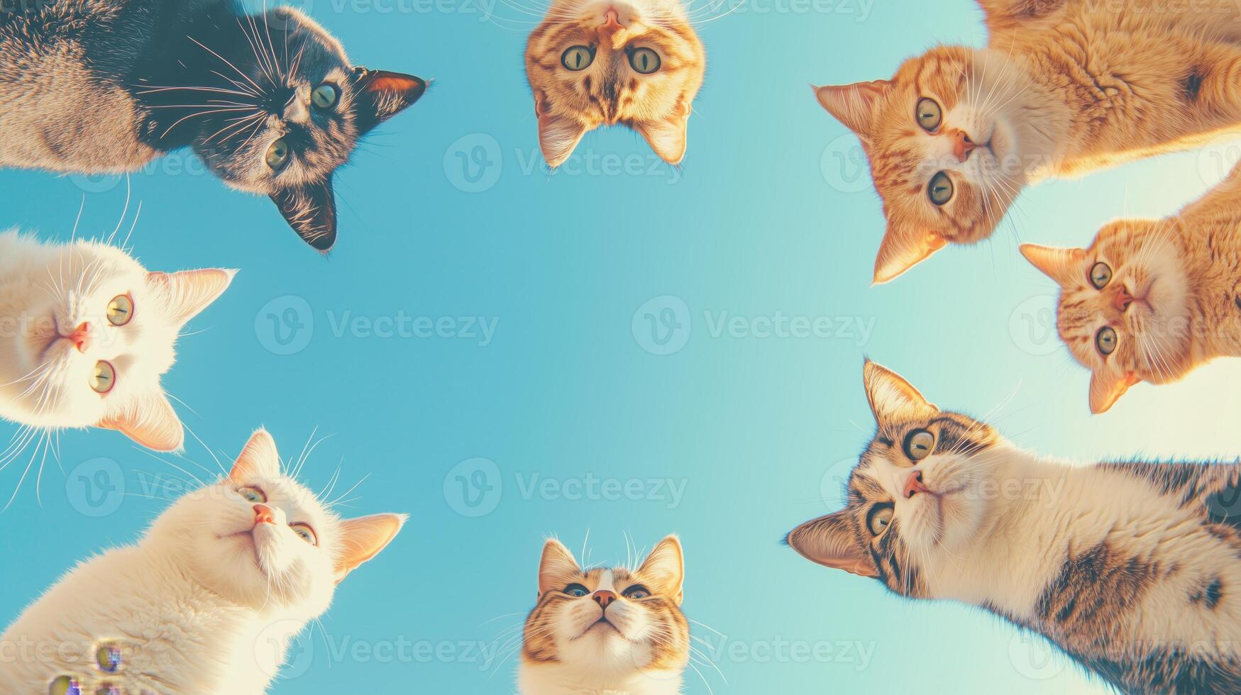 cats in a circle looking up at the camera photo
