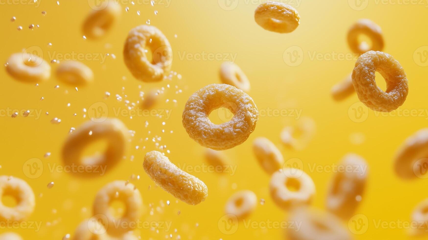 a group of cereal rings floating in the air against a yellow background photo