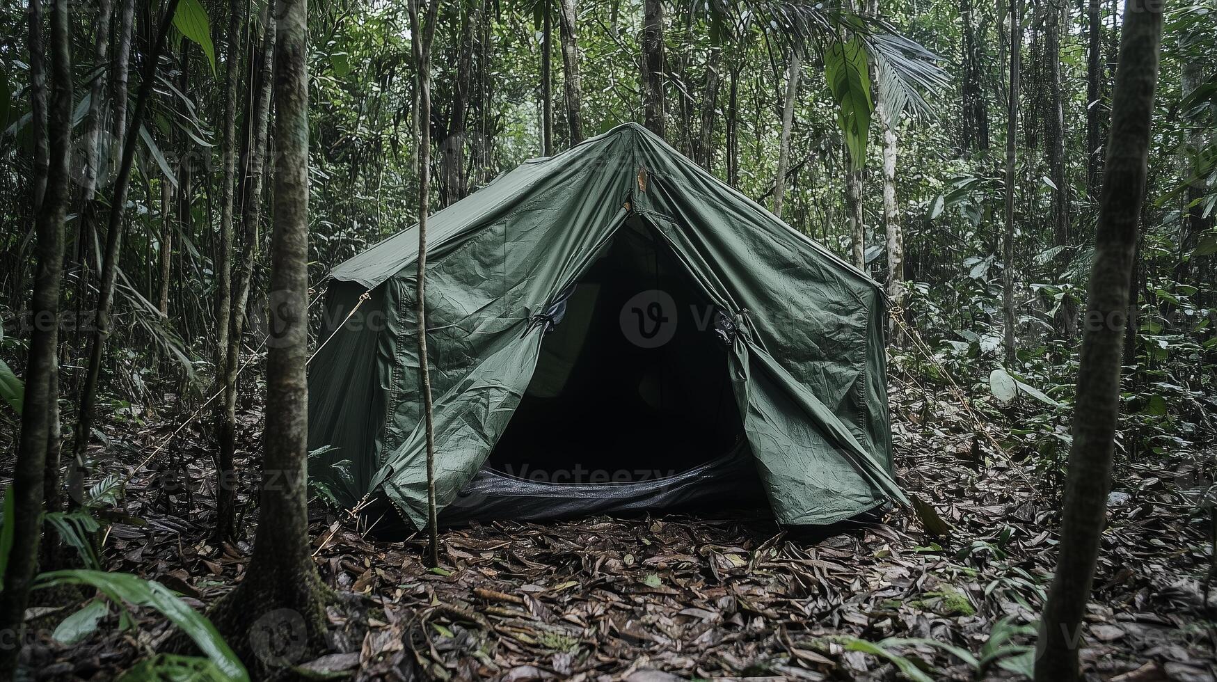 a tent in the middle of the jungle photo