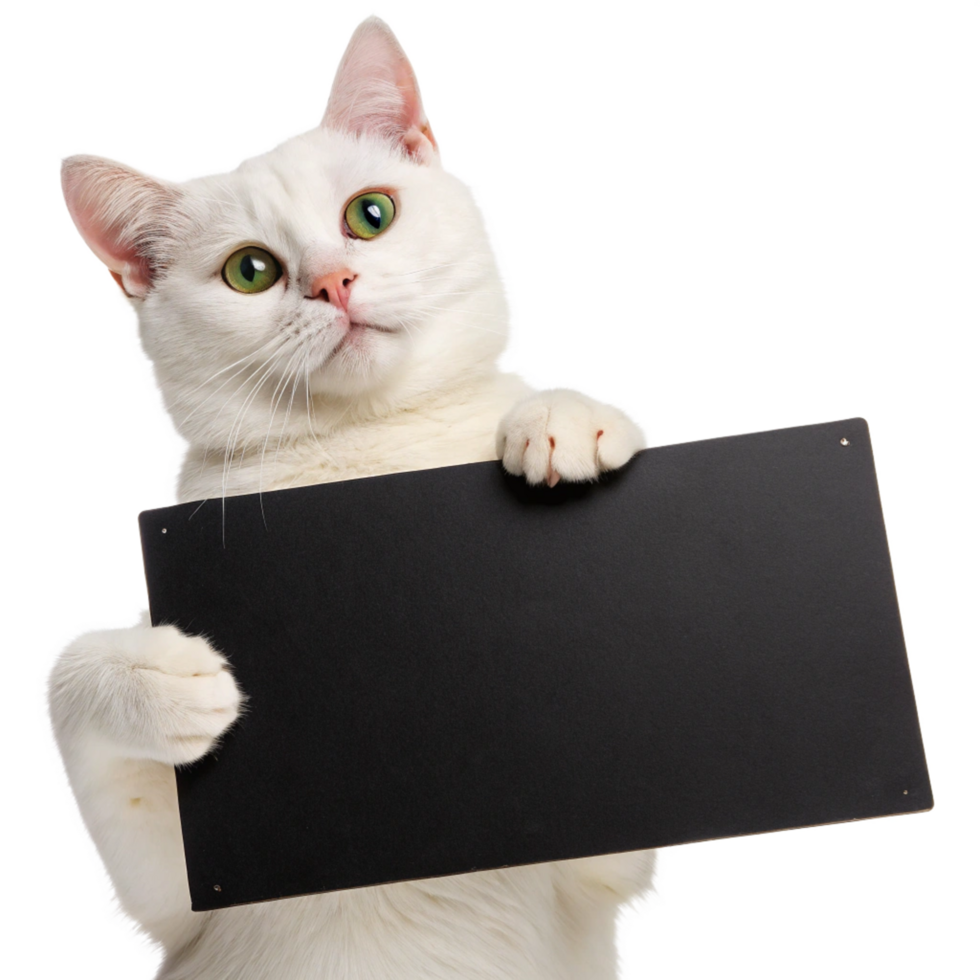 white cat holding sign board isolated on transparent background png