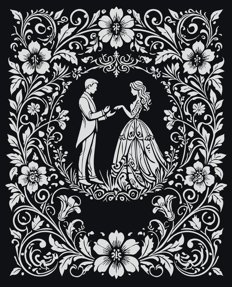 Illustration of a silhouette of a woman in a folk style. , wedding couple in vintage baroque frame. vector