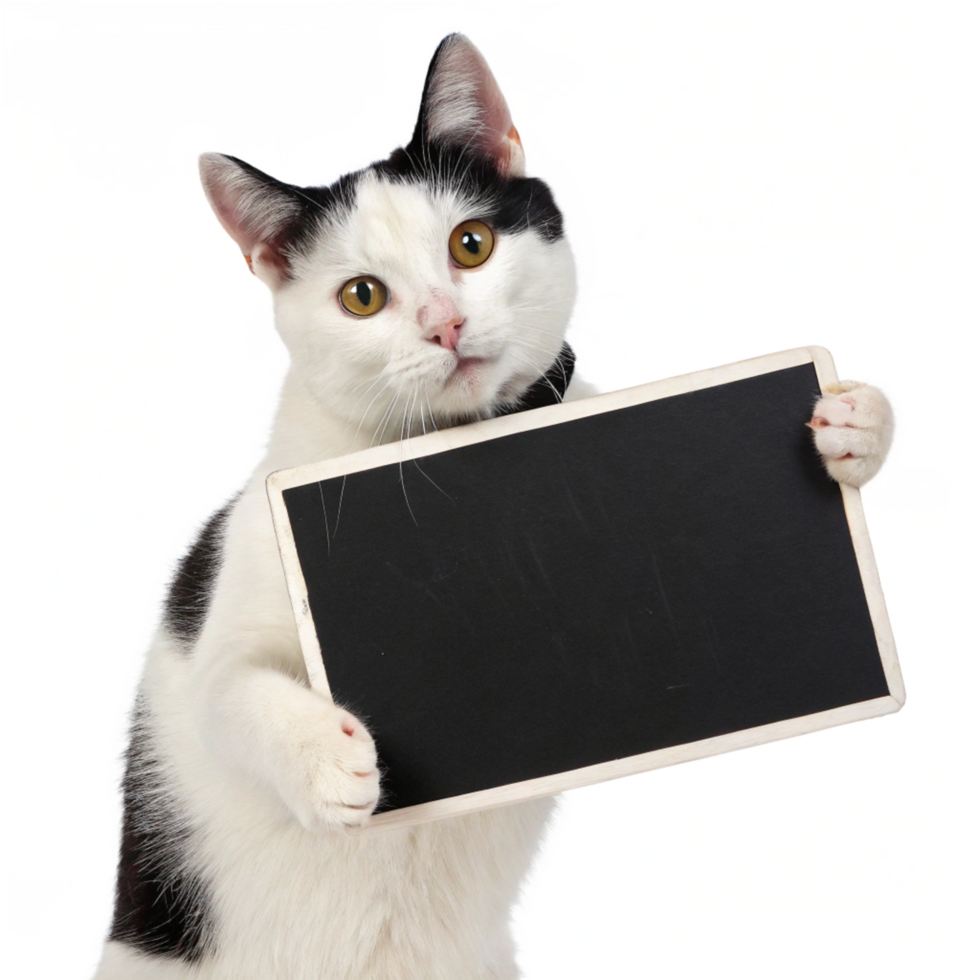 black and pink cat holding sign board isolated on transparent background png