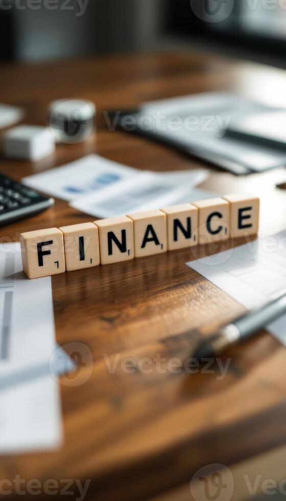 Finance concept with wooden blocks on a desk surrounded by papers and a calculator photo