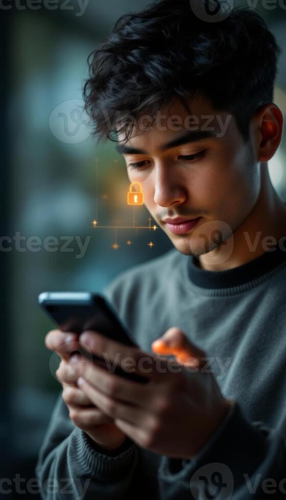Young Man Securing Mobile Access with Biometric Lock Technology on Smartphone photo