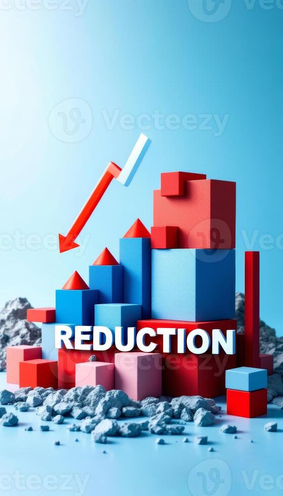 Conceptual illustration of a declining trend with falling arrow and the word ,REDUCTION, photo