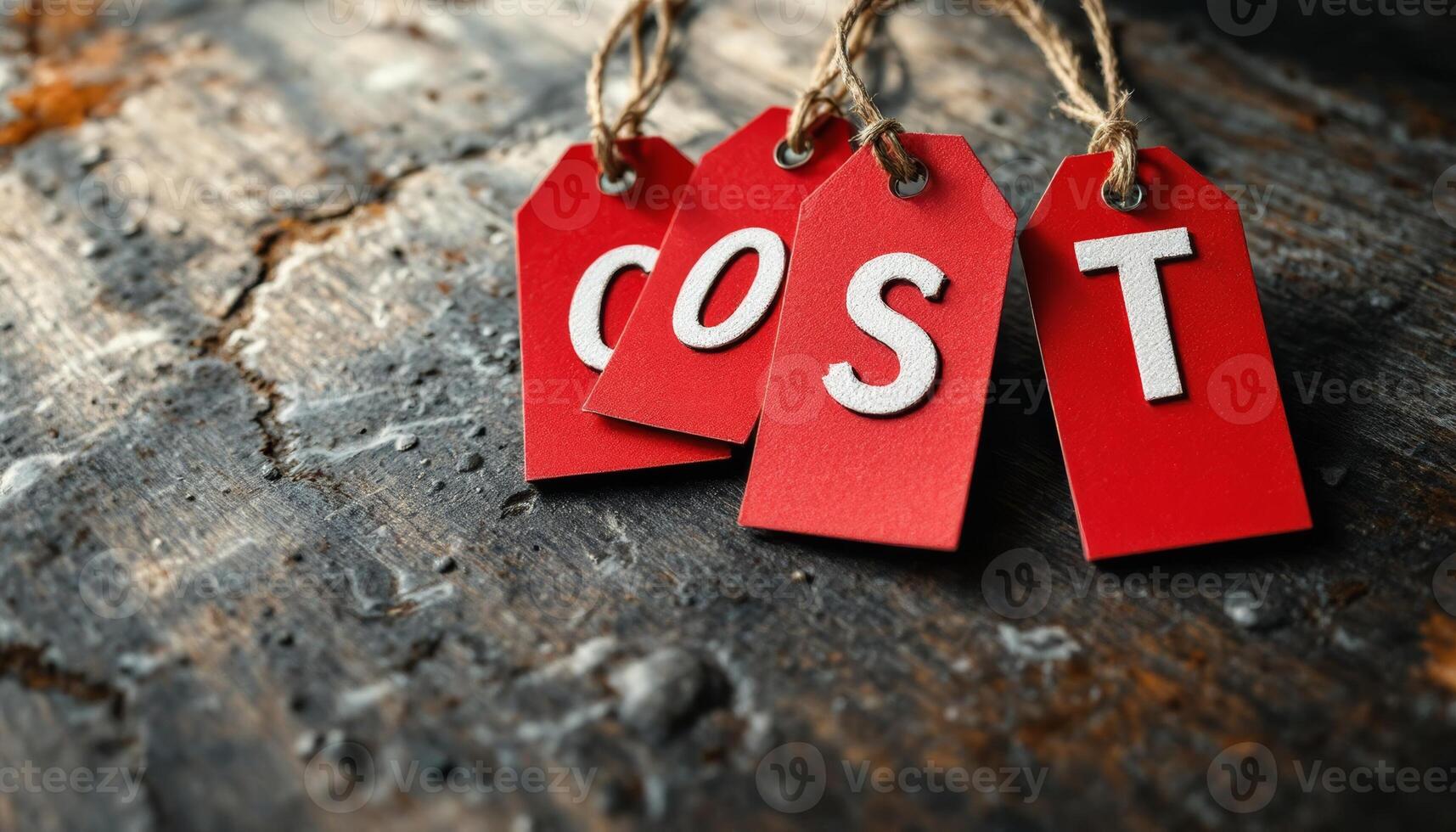 Red price tags with the word ,COST, on a rustic, weathered wooden background photo
