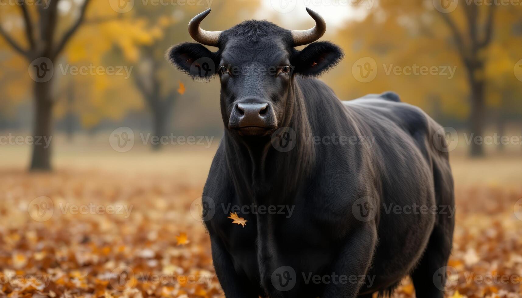 Black bull standing stoically amidst autumn leaves with warm golden tones in the background photo