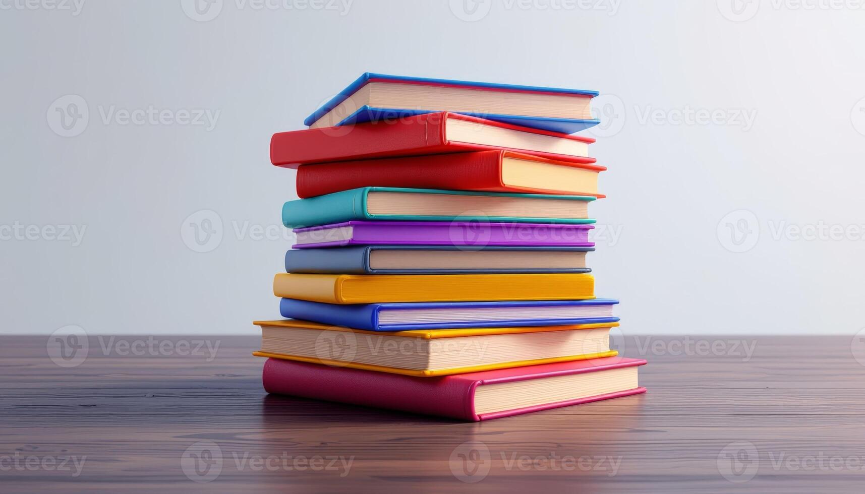 Colorful Stack of Books Resting on a Wooden Table Awaiting to Be Read photo