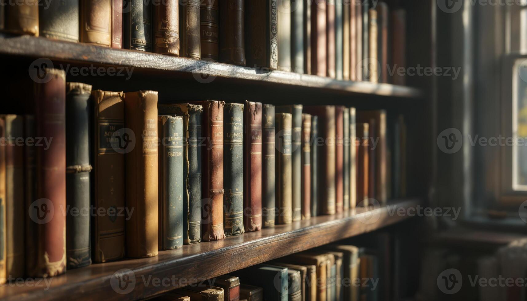 A well-lit library featuring aged hardbound books on a wooden shelf basking in the gentle light from the window photo