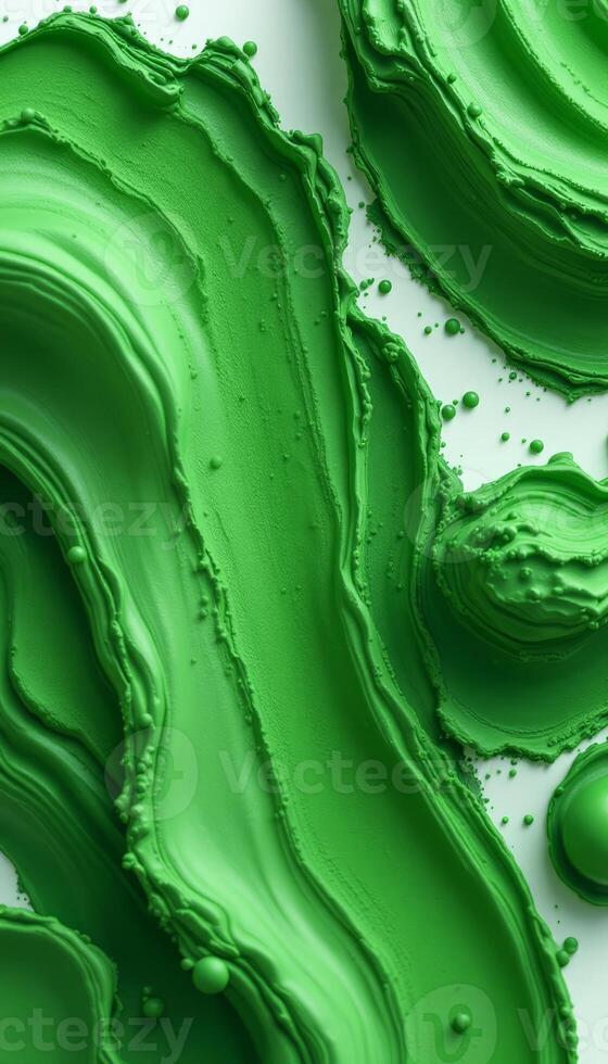 Abstract Green Paint Swirls with Textured Surface and Spherical Droplets photo