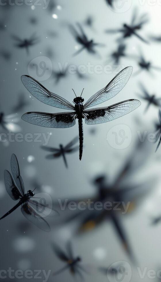 A swarm of delicate dragonflies dance in the ethereal glow with their intricate wings and dark bodies photo