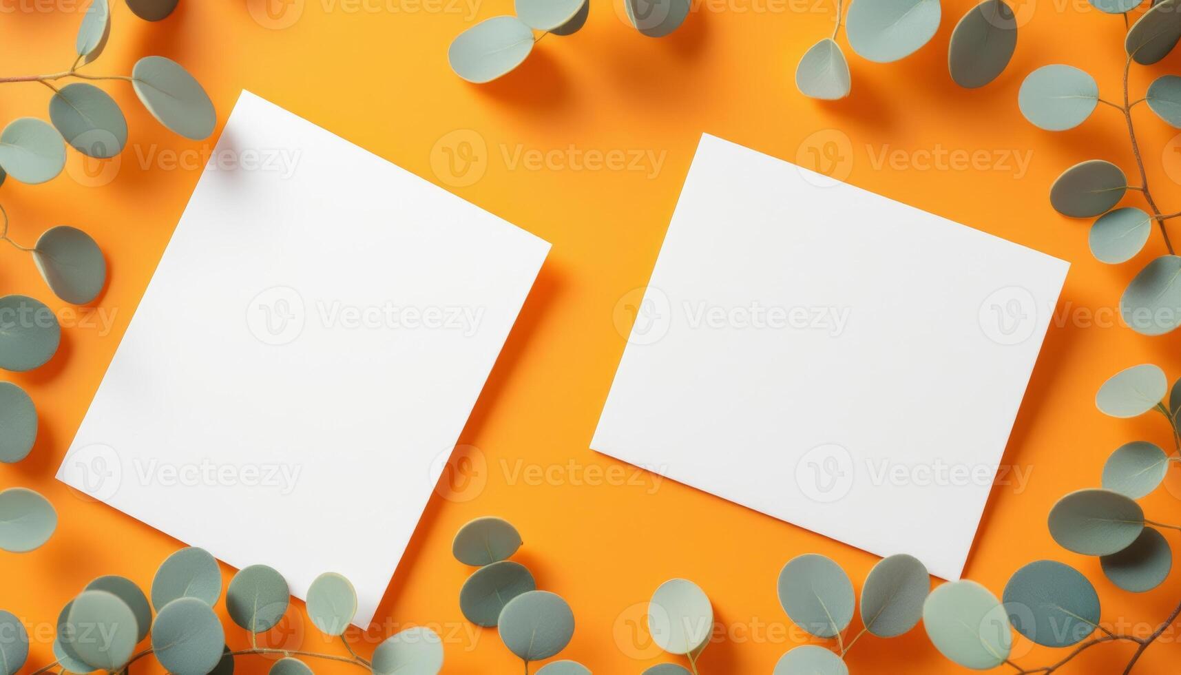 Two Blank Cards on Orange Background with Decorative Eucalyptus Branches photo