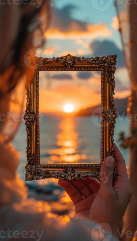 Framing the Golden Hour A Glimpse of Sunset Through an Ornate Vintage Frame photo