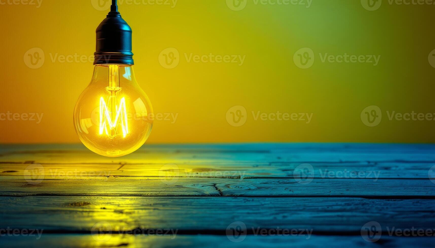 Illuminated Letter M within a Hanging Bulb Above a Rustic Blue Wood Surface against a Yellow Background photo