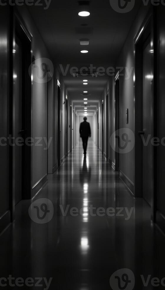 A solitary figure walking down a dimly lit hallway with mirrored reflections on the floor photo