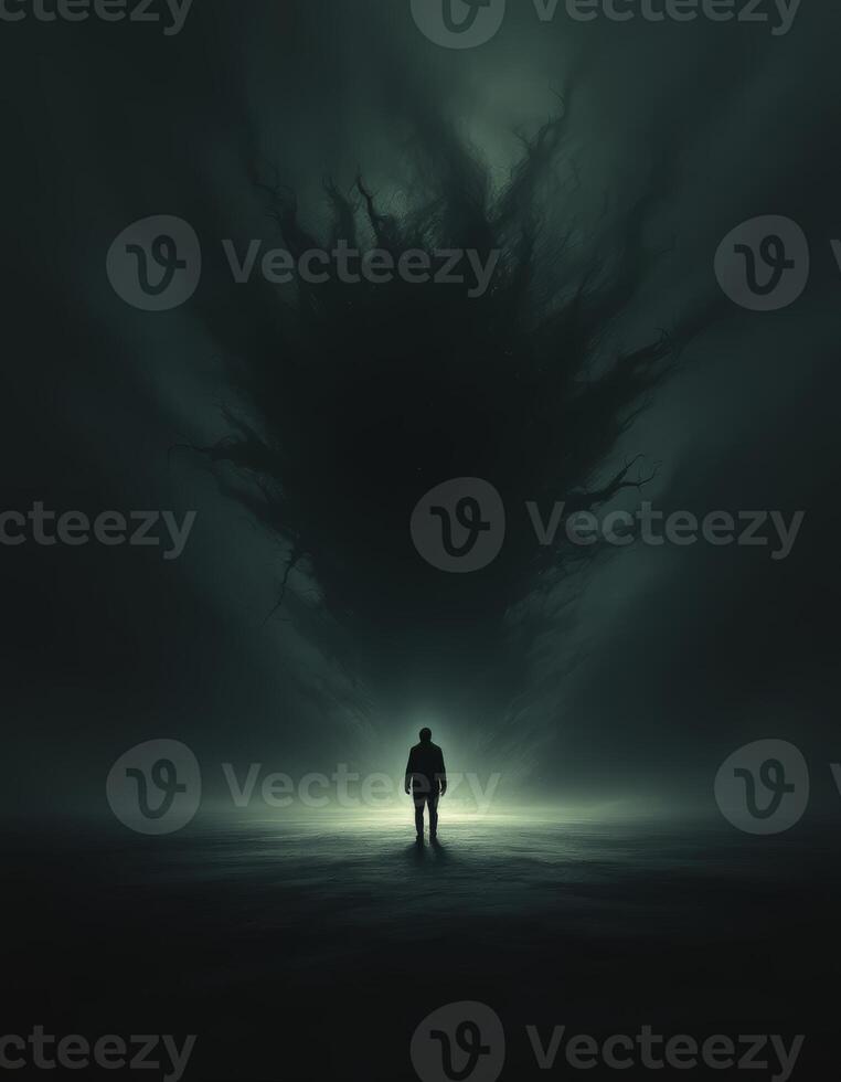 Facing the Abyss of Shadows A solitary figure confronts a looming darkness photo