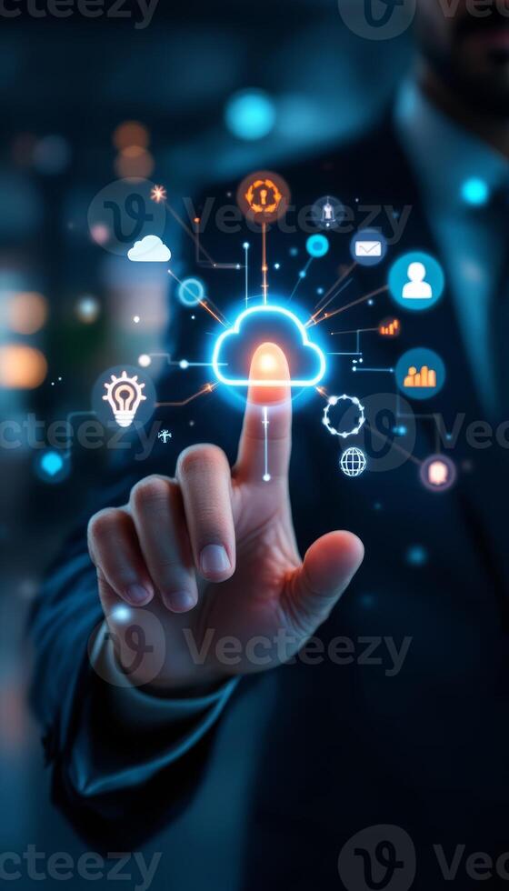Digital Touch, Businessman Interacting with Cloud Computing Network and Data Icons photo
