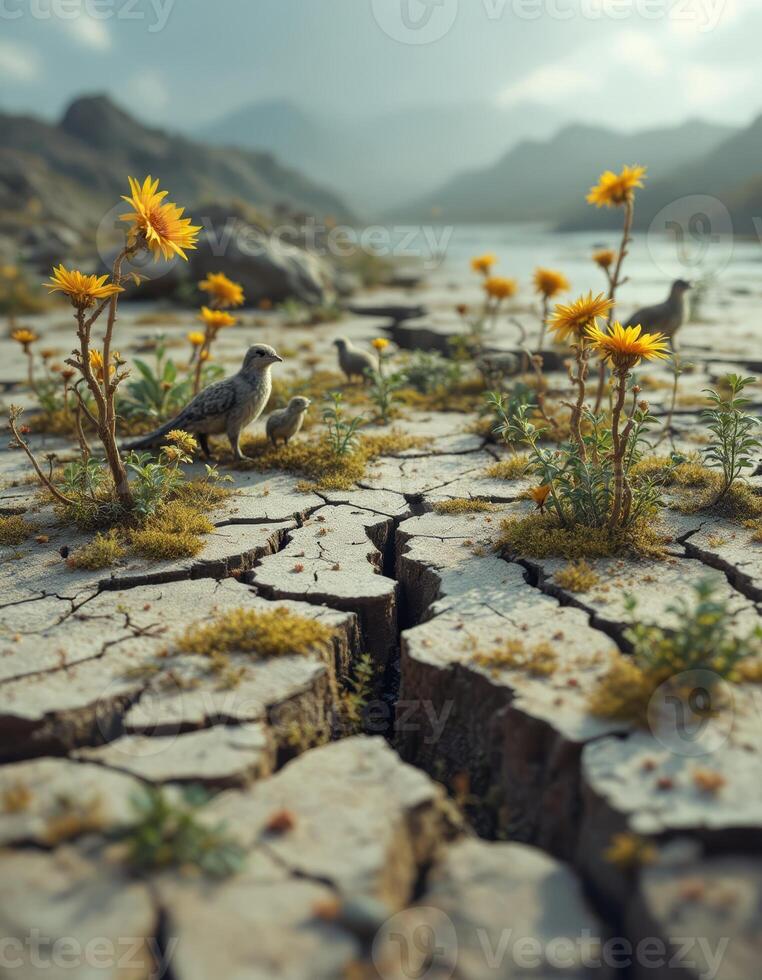 Cracked Earth and Doves A Scene of Resilience in a Dry Landscape with Yellow Flowers photo