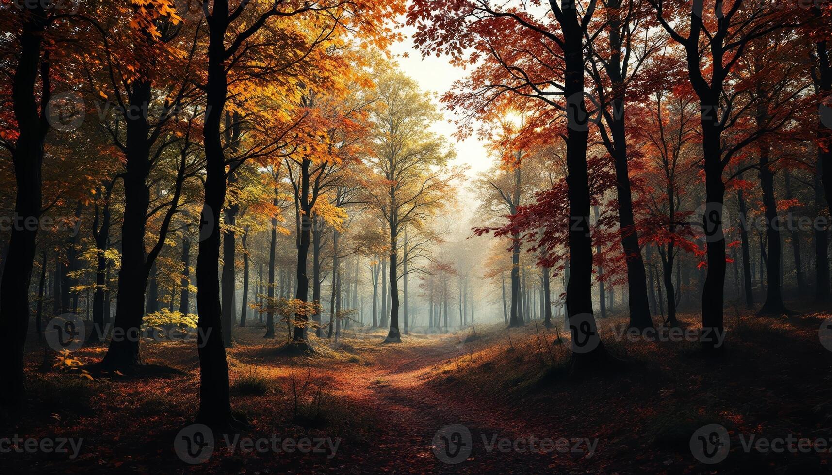 A Path Through the Mystical Autumn Forest Glowing with Warm and Vivid Hues of Fall photo