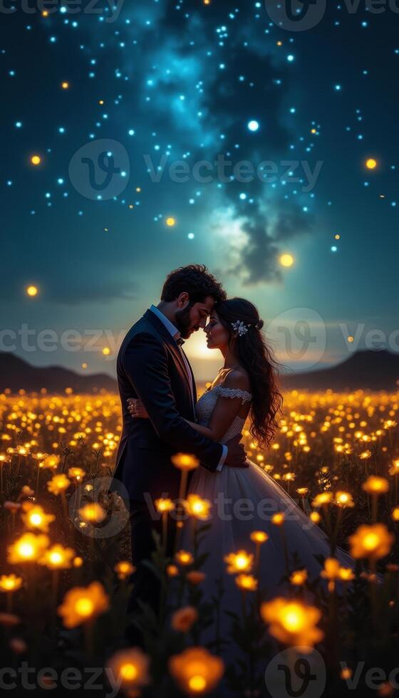 Enchanted Evening Embrace Under a Starry Sky Amidst a Field of Glowing Flowers photo