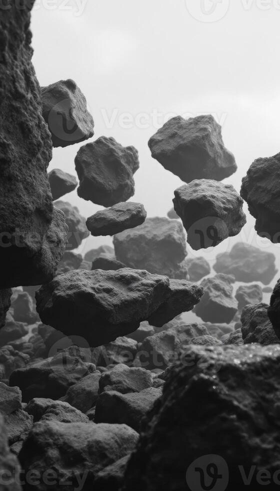 Monochromatic ballet of levitating rocks amidst a surreal hazy atmosphere photo