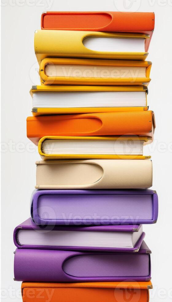 A vibrant and colorful stack of books arranged in a neat and visually appealing manner photo