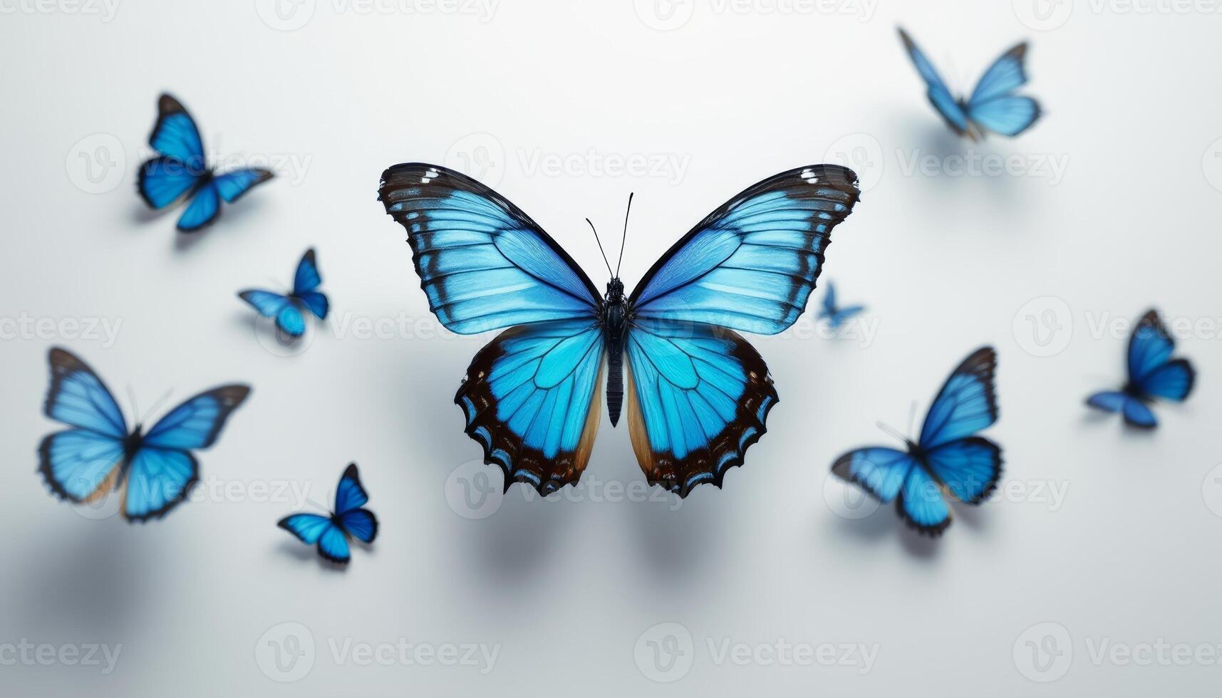 A Cluster of Vibrant Blue Butterflies Against a Soft White Background Creates a Gentle Flight Scene photo