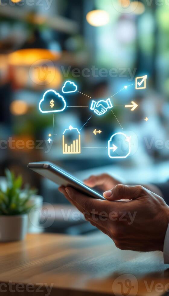 Hands using a mobile device managing cloud computing and business transaction workflow photo