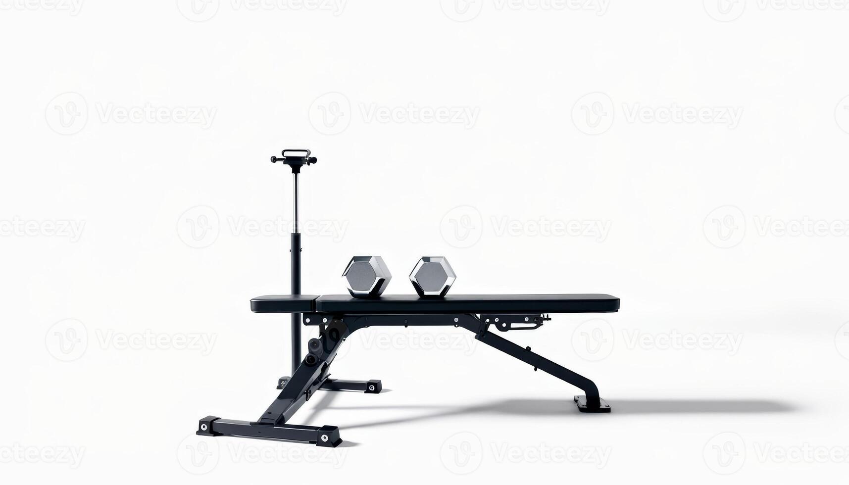 A minimalist black weight bench with adjustable bar and hexagonal dumbbells against white backdrop photo