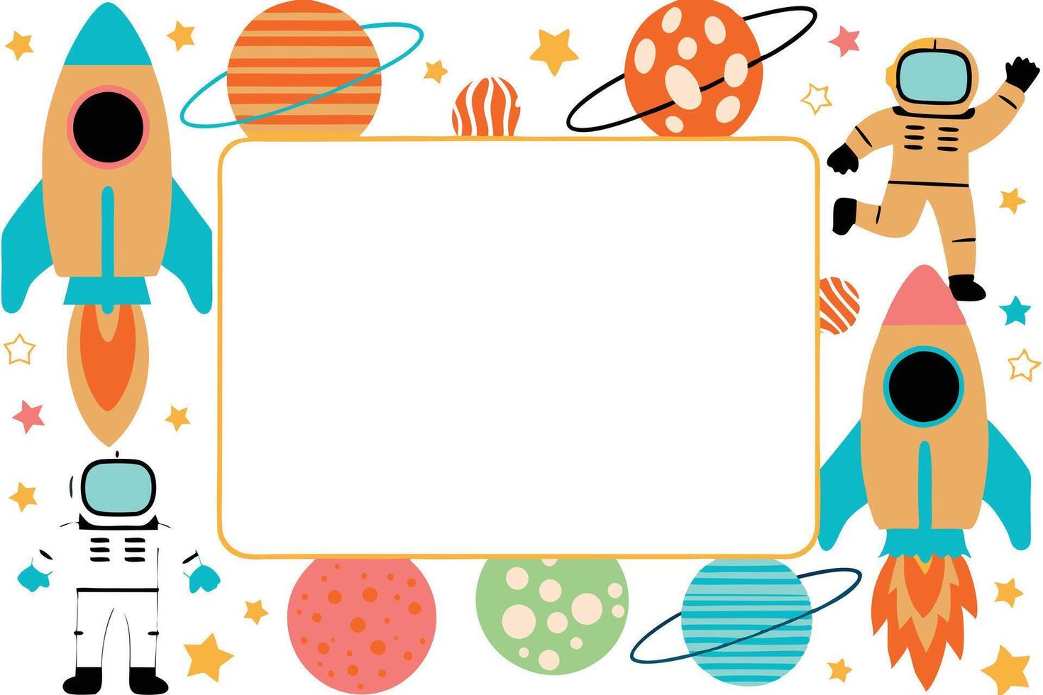 Space Rockets, Astronauts, Planets, Stars Fun Kids Frame vector