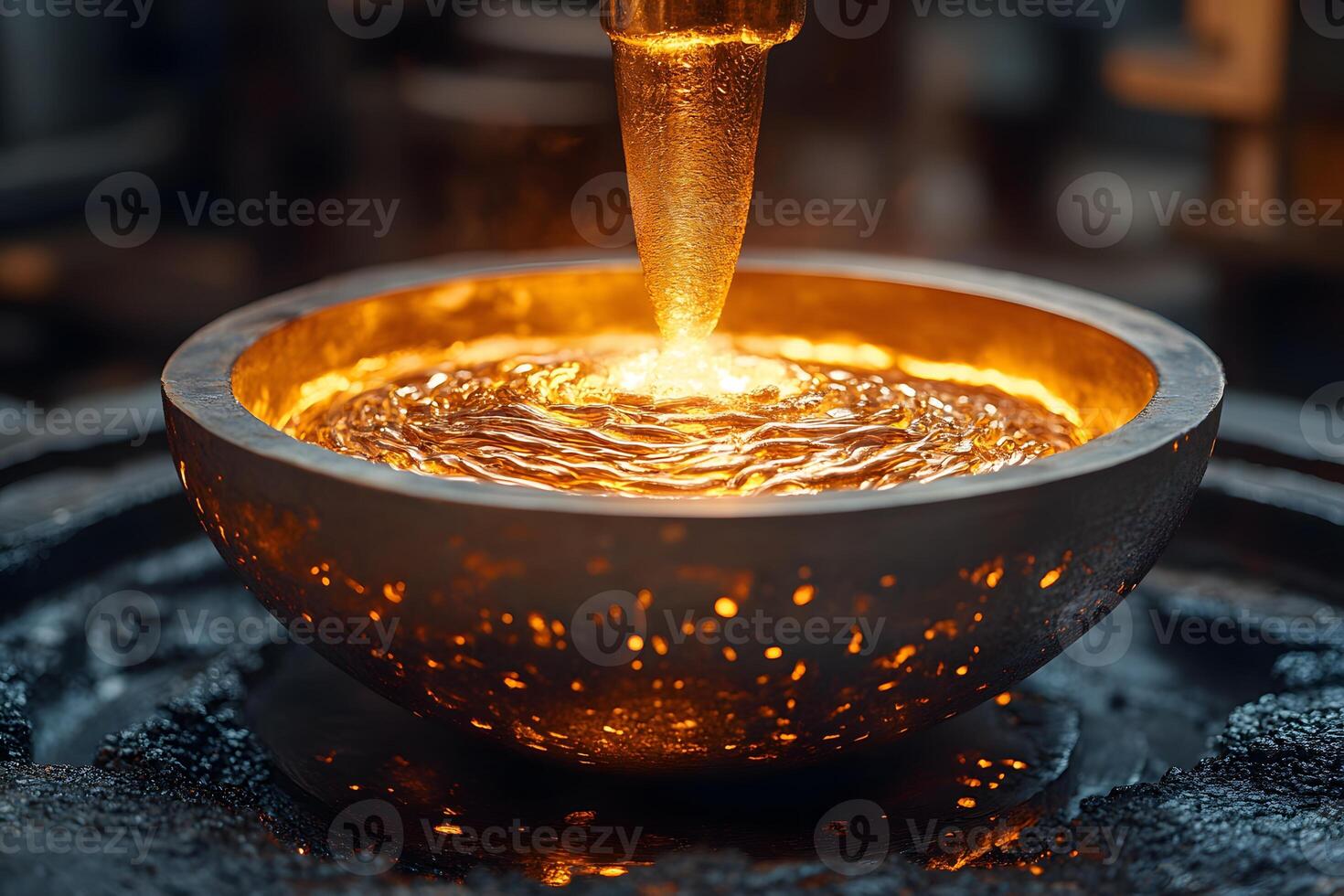 Industrial Foundry Process with Glowing Molten Metal and Casting Mold photo